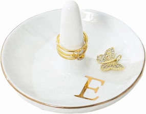 oskas Personalised Marble Letter Ring Dish Holder,Engagement Wedding Bridal Shower Gift，Decorative Trinket Jewelry Tray,4 Inch,Ceramic (E)