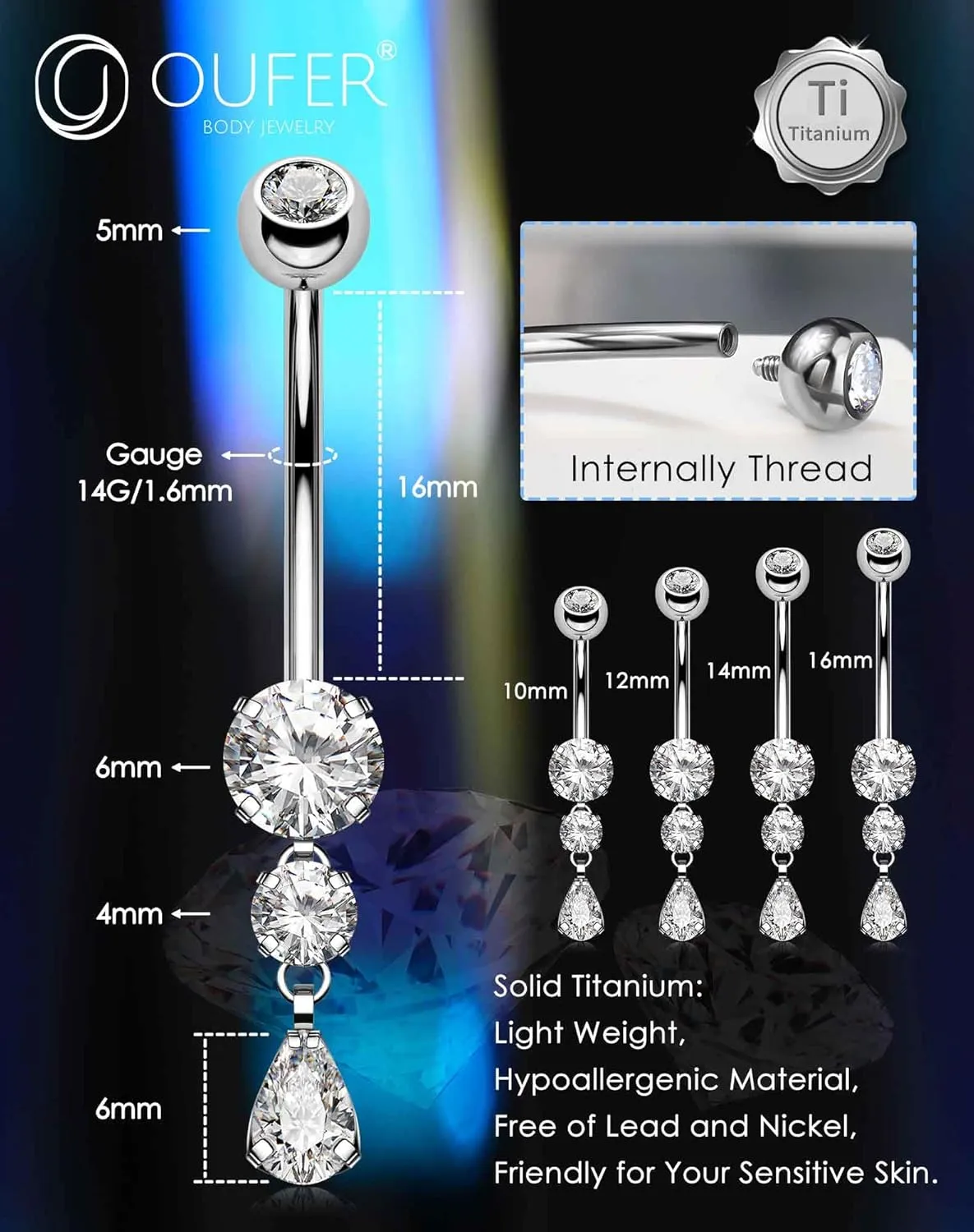 OUFER Dangle Belly Button Rings, Titanium Belly Rings, Clear CZ Dangle Belly Piercing Jewelry, Navel Piercing Jewelry, Internally Threaded Belly Rings For Women Men-10MM