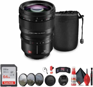 Panasonic Lumix S PRO 50mm f/1.4 Lens (S-X50) Bundle Including: 64 GB Memory Card, 3-Piece Filter Kit, Lens Caps, Lens Pouch, Cap Keeper, Full Cleaning Kit, Card Reader, Card Wallet