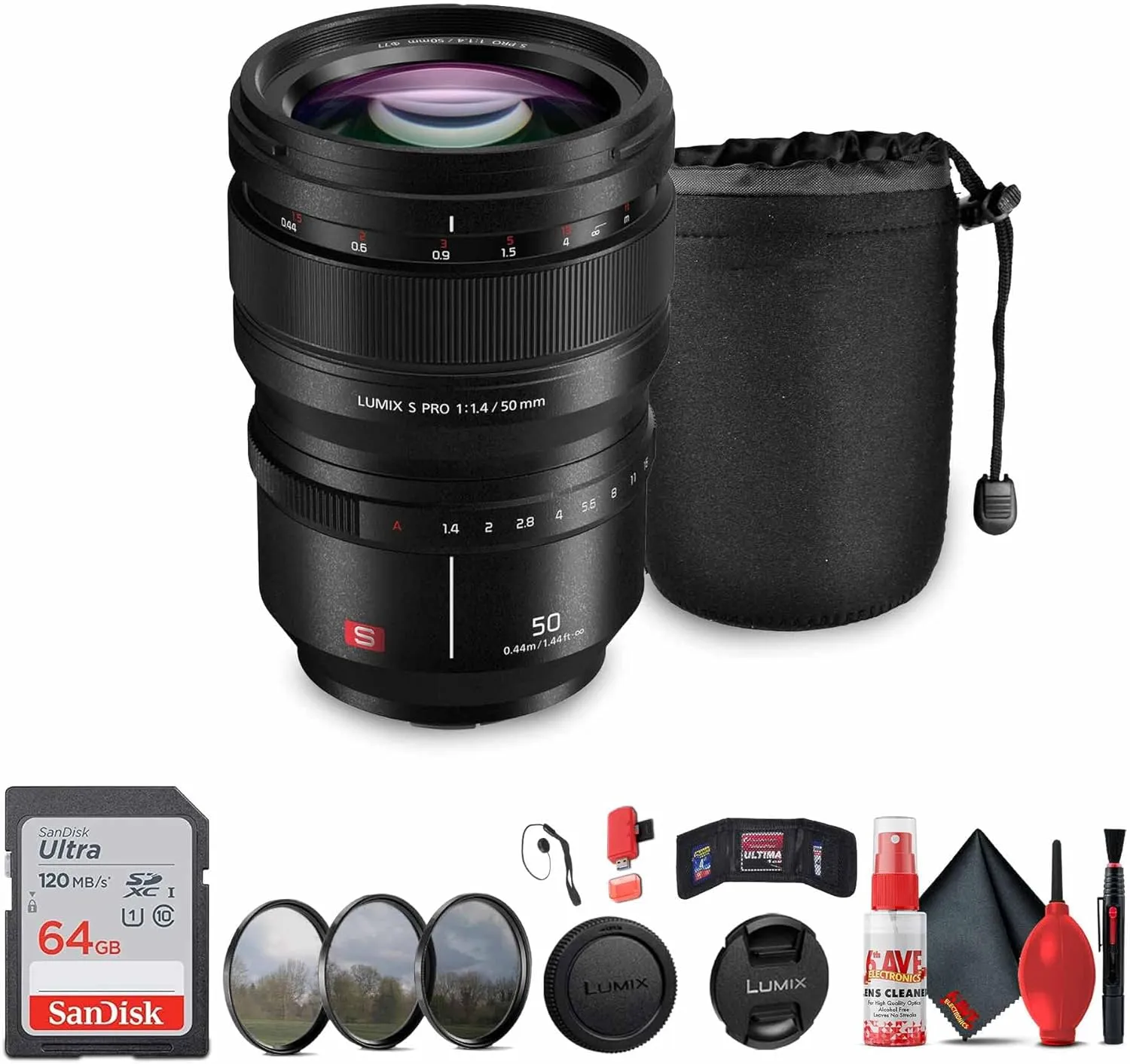 Panasonic Lumix S PRO 50mm f/1.4 Lens (S-X50) Bundle Including: 64 GB Memory Card, 3-Piece Filter Kit, Lens Caps, Lens Pouch, Cap Keeper, Full Cleaning Kit, Card Reader, Card Wallet