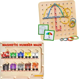 Panda Brothers Set of 2 Toys: Wooden Geoboard & Magnetic Maze. Montessori Toys for Kids, Wooden Toys, Sensory Toys for 3 4 5 Year Old, Busy Board, Preschool Classroom STEM Toy for boy