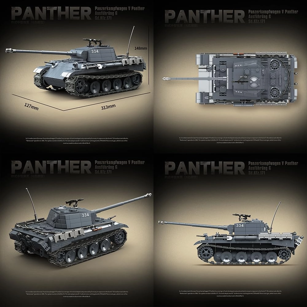 Panther Medium Tank Building Block,WW2 Armed Tank Building Set,Military Construction Model Toy for Adult, QG100246(1180 Pieces)