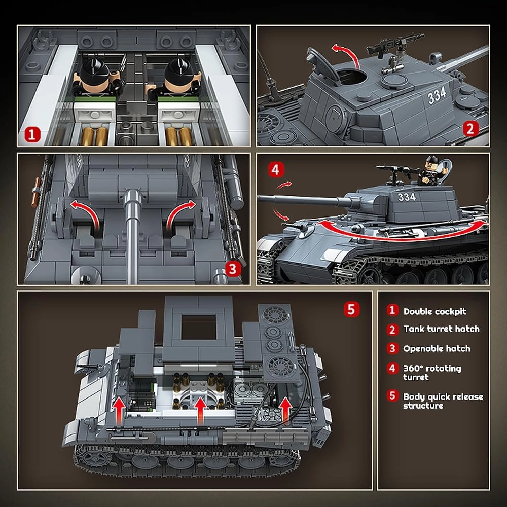 Panther Medium Tank Building Block,WW2 Armed Tank Building Set,Military Construction Model Toy for Adult, QG100246(1180 Pieces)