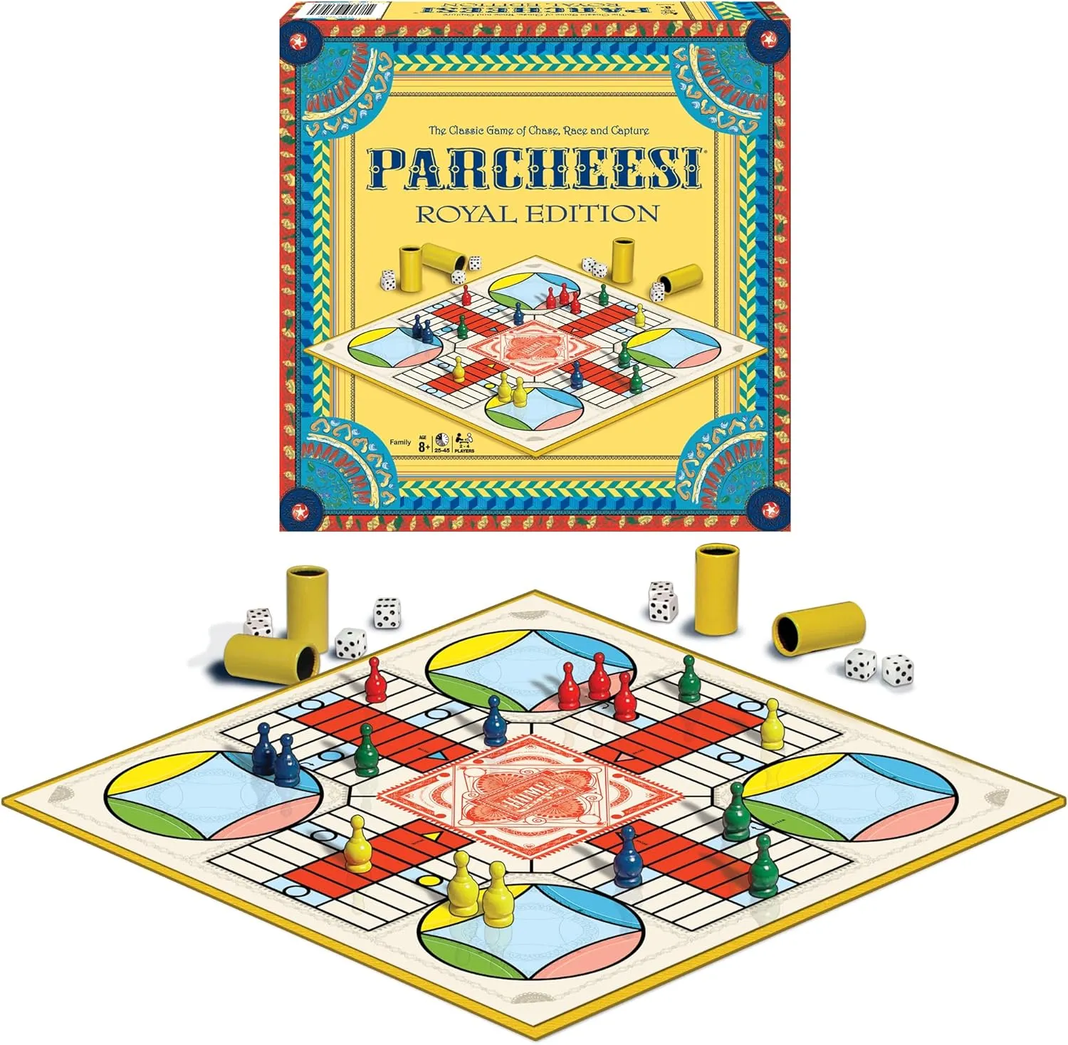Parcheesi Royal Edition by Winning Moves Games USA, classic family favorite featuring charming artwork, tokens and dice cups for 2-4 players, Ages 8  (6106)