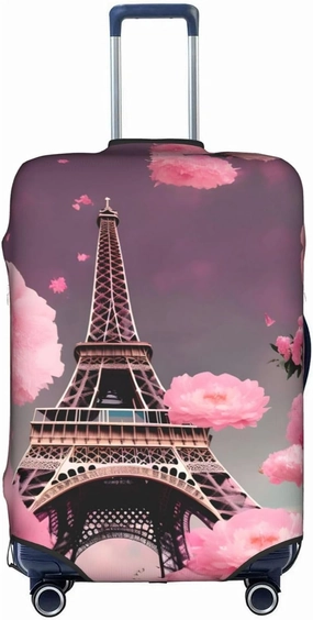 Paris Street Eiffel Tower Pink Floral Travel Luggage Cover Suitcase Protector Fits 18-22 Inch Luggage,Anti Scratch Dirt Covers