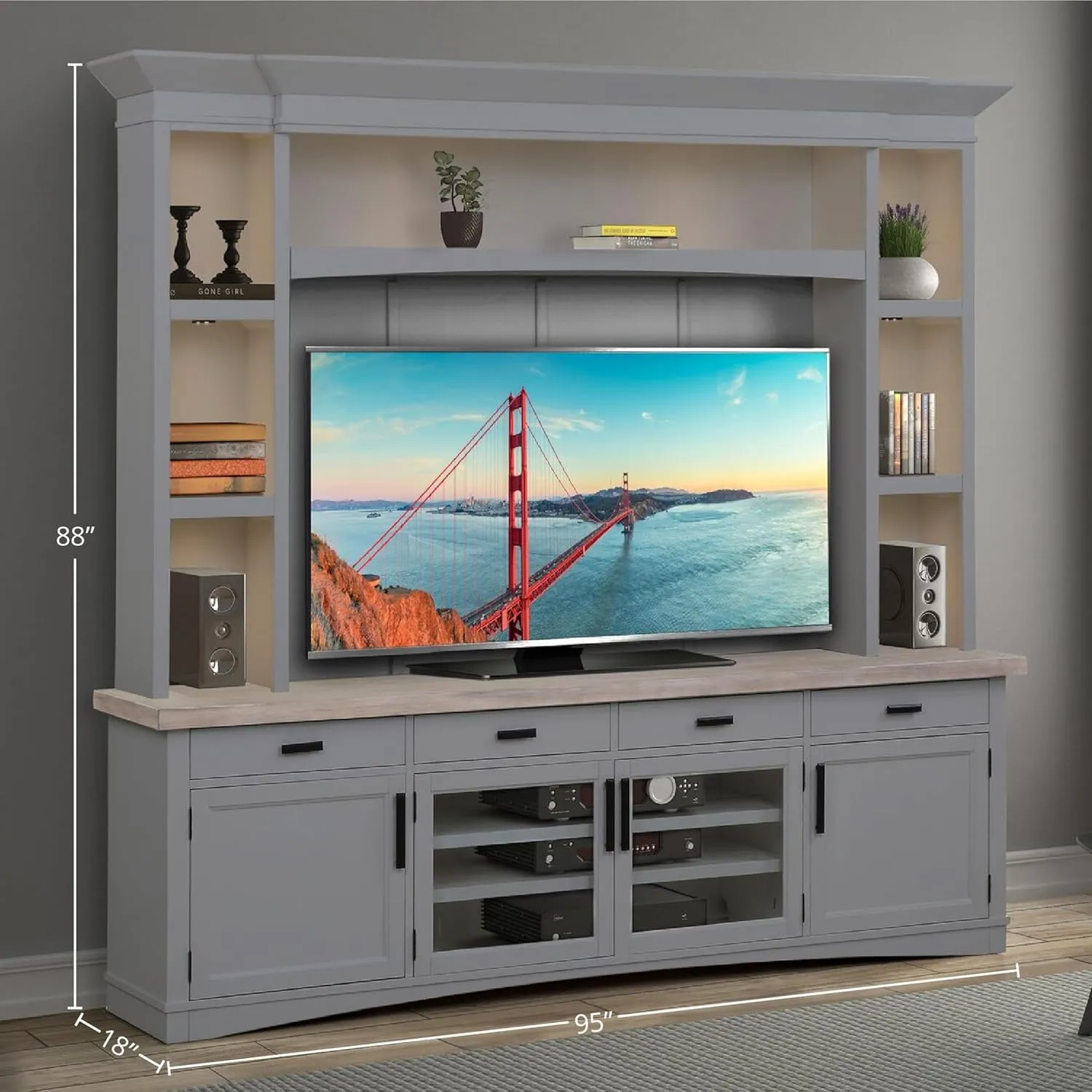 Parker House Americana Modern Wood TV Console with Hutch Back Panel in Gray