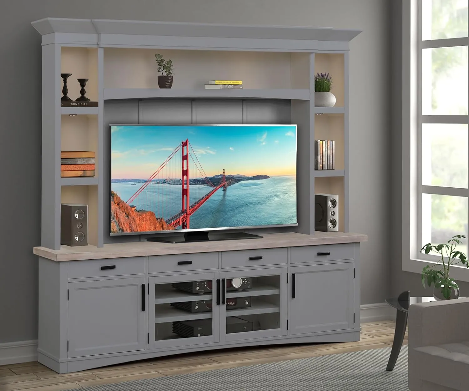 Parker House Americana Modern Wood TV Console with Hutch Back Panel in Gray