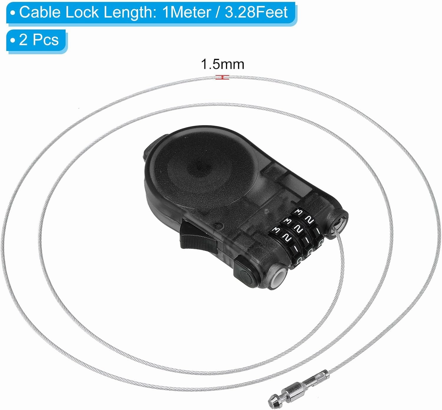 PATIKIL 3.28 Feet Retractable Cable Lock, 2 Pack 3 Digit Steel Cable Rope Portable Resettable Adjustable Code Lock for Bicycle Outdoor Use, Black