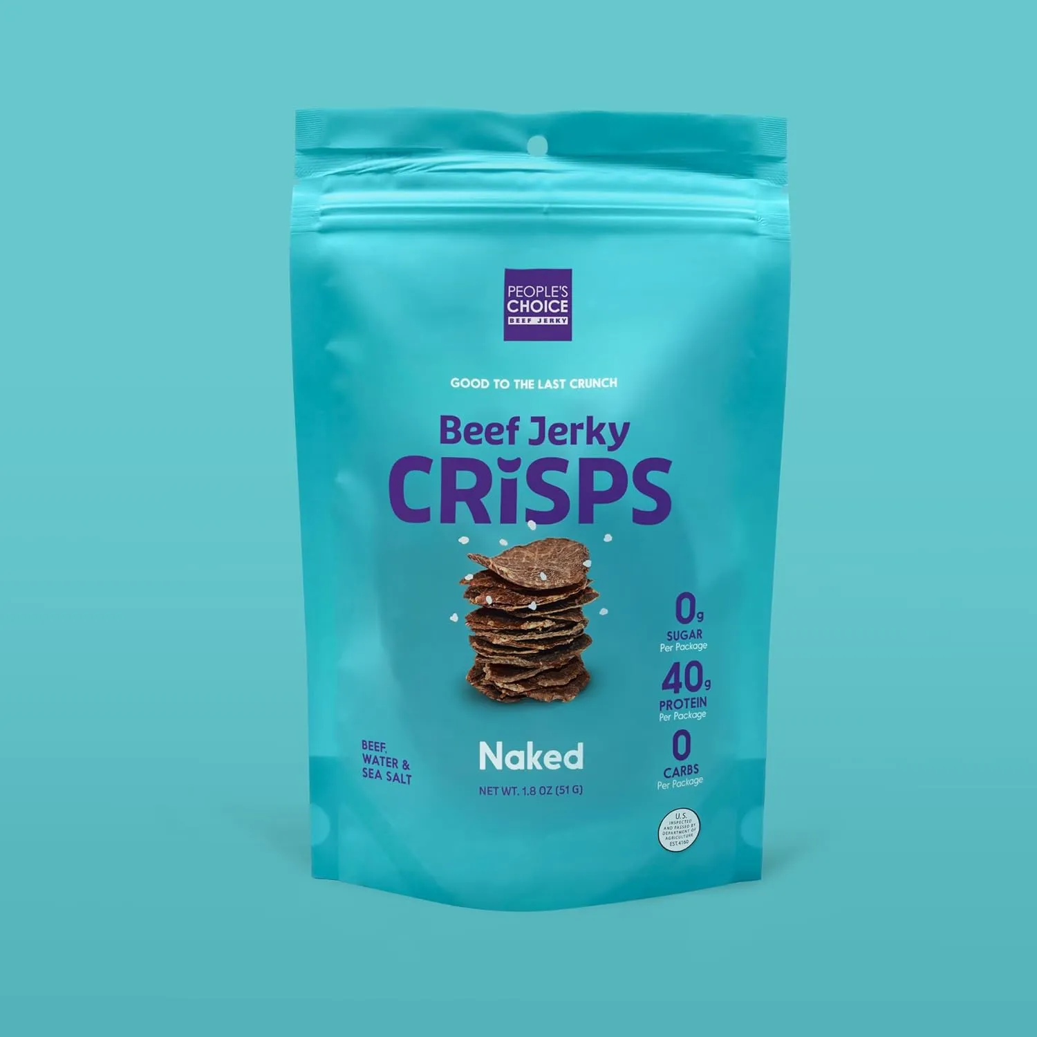 People's Choice Beef Jerky - Jerky Crisps - Naked - Three Ingredients - Beef, Water, Sea Salt - Sugar Free, Zero Carb, Gluten Free, Keto Friendly, Carnivore Diet, 40g Protein per Package - Thin, Crispy, Crunchy - 1.8 OZ (4 Pack)