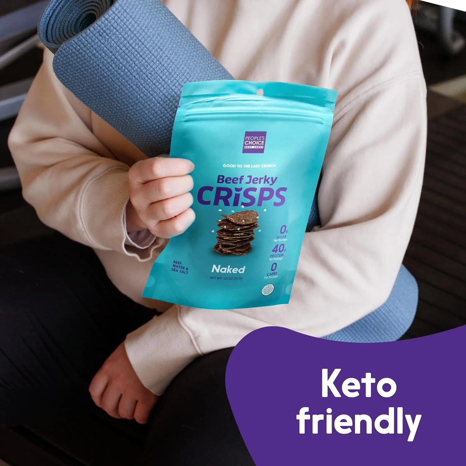 People's Choice Beef Jerky - Jerky Crisps - Naked - Three Ingredients - Beef, Water, Sea Salt - Sugar Free, Zero Carb, Gluten Free, Keto Friendly, Carnivore Diet, 40g Protein per Package - Thin, Crispy, Crunchy - 1.8 OZ (4 Pack)