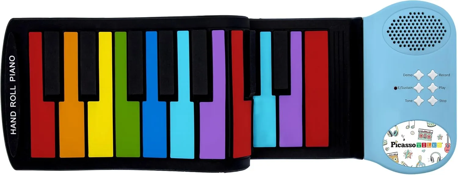 PicassoTiles® PT49 Kid's 49-Key Flexible Roll-Up Educational Electronic Digital Music Piano Keyboard w/Recording Feature, 8 Different Tones, 6 Educational Demo Songs & Build-in Speaker - Rainbow