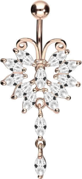 PIERCINGLINE surgical steel dangle belly button piercing with big butterfly - belly button ring surgical steel, gold, silver, rosegold piercing - new version with improved durability