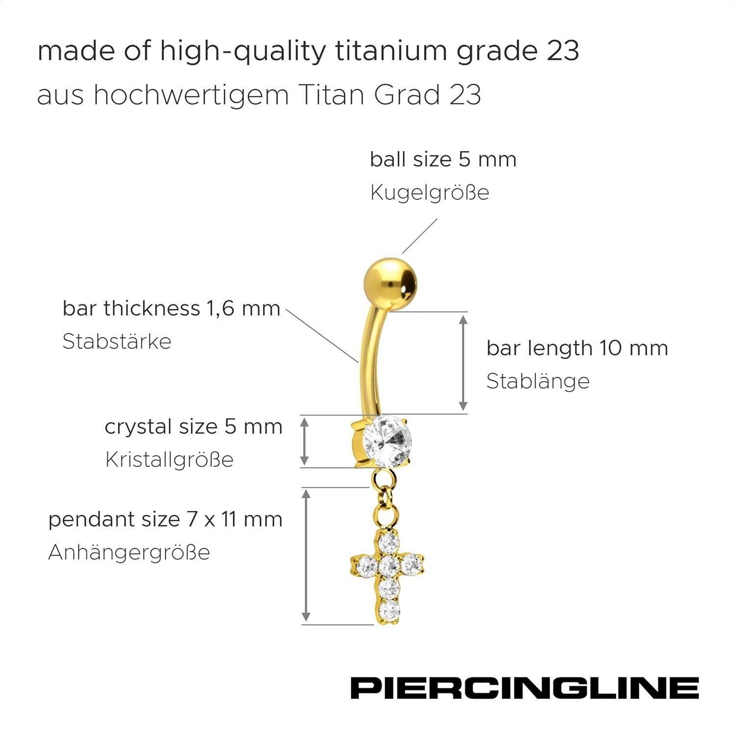 PIERCINGLINE Titanium Belly Button Ring with Crystals and Cross – Belly Button Piercing internally screwed 3 colors