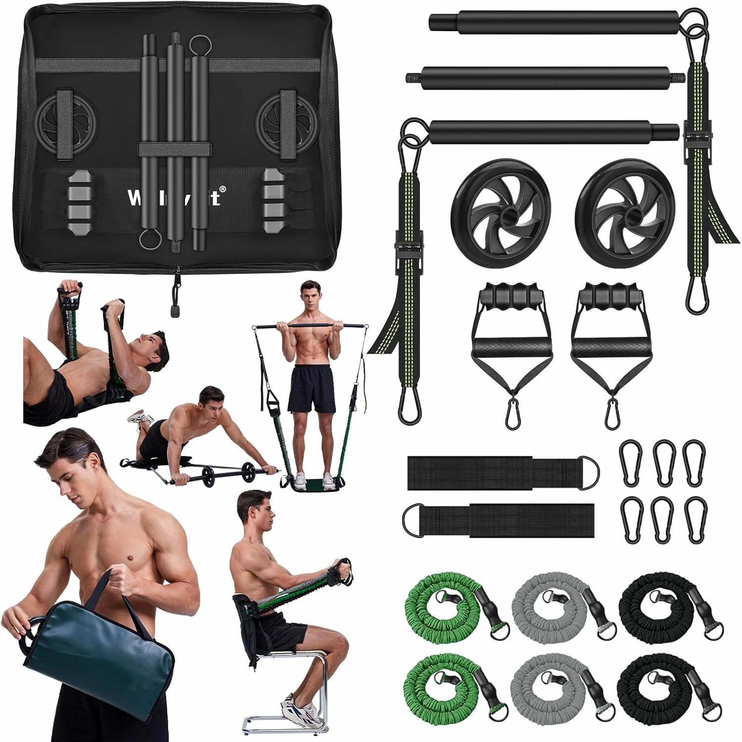Pilates Bar Kit with Resistance Bands | Portable Multi-Functional Core Strength Training Home Gym Equipment with All-in-One Handbag at Home Gym | Removable Abs & Adjustable Straps for Travel
