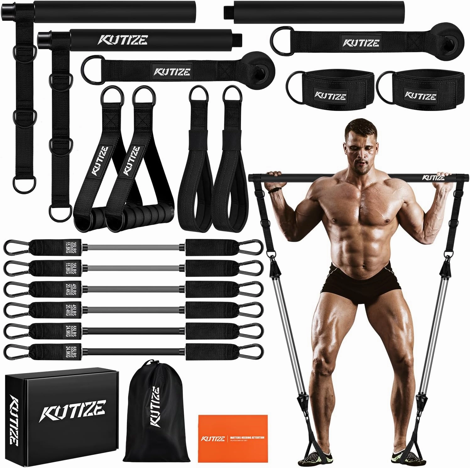Pilates Bar Kit with Resistance Bands, Heavy Duty Pilates Equipment for Men, Strength Training Bar for Legs, Hip, Waist Back, Arm, Abs, Chest, Shoulders, Portable Home Gym Full Body Workout Equipment