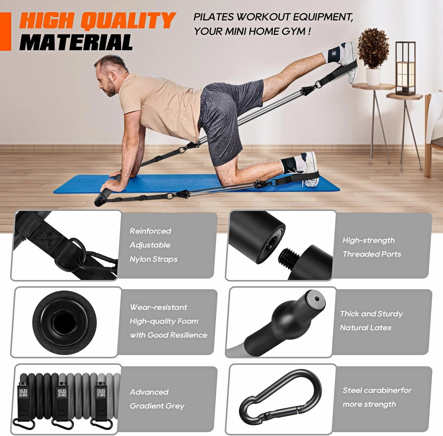 Pilates Bar Kit with Resistance Bands, Heavy Duty Pilates Equipment for Men, Strength Training Bar for Legs, Hip, Waist Back, Arm, Abs, Chest, Shoulders, Portable Home Gym Full Body Workout Equipment