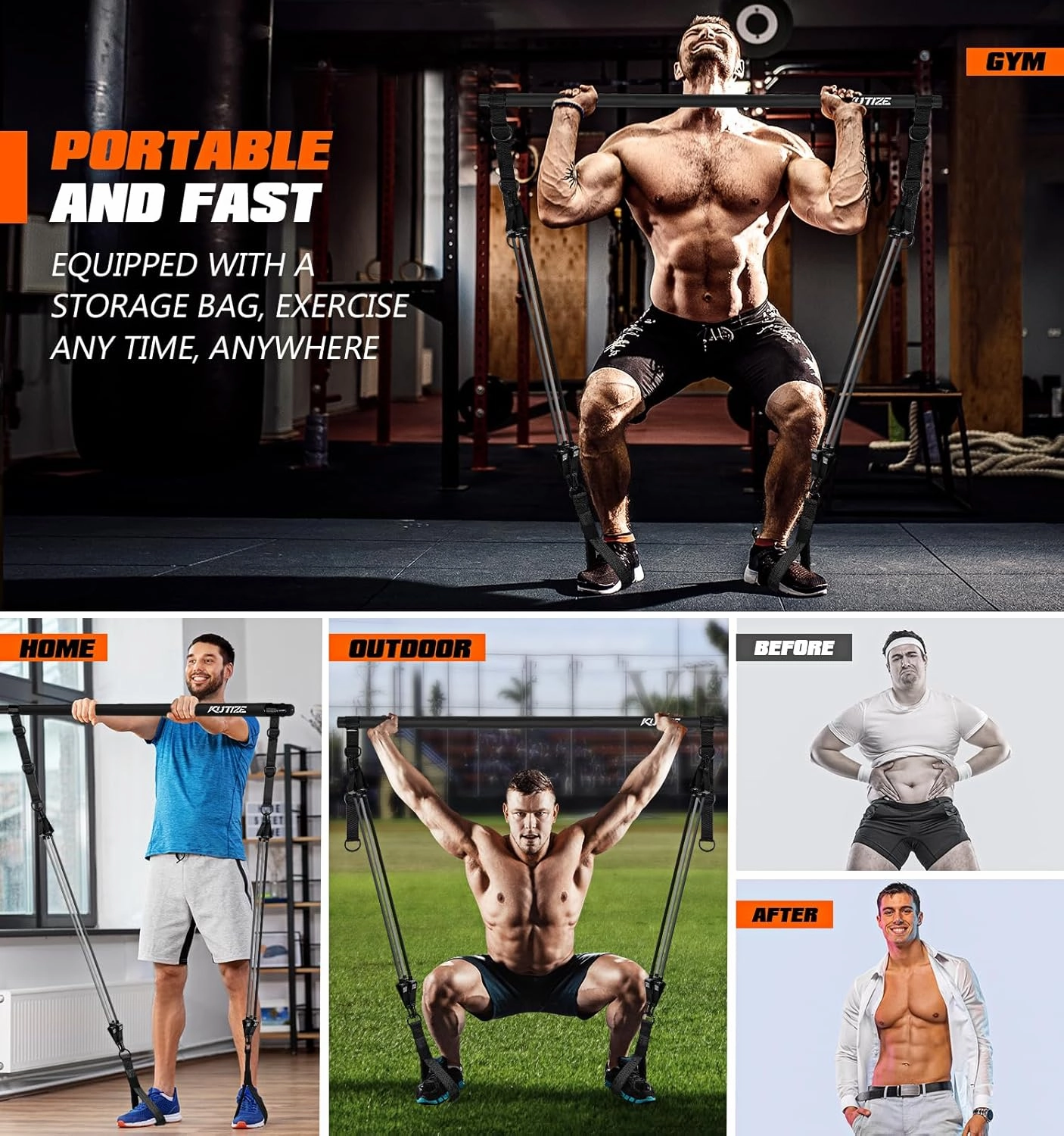 Pilates Bar Kit with Resistance Bands, Heavy Duty Pilates Equipment for Men, Strength Training Bar for Legs, Hip, Waist Back, Arm, Abs, Chest, Shoulders, Portable Home Gym Full Body Workout Equipment