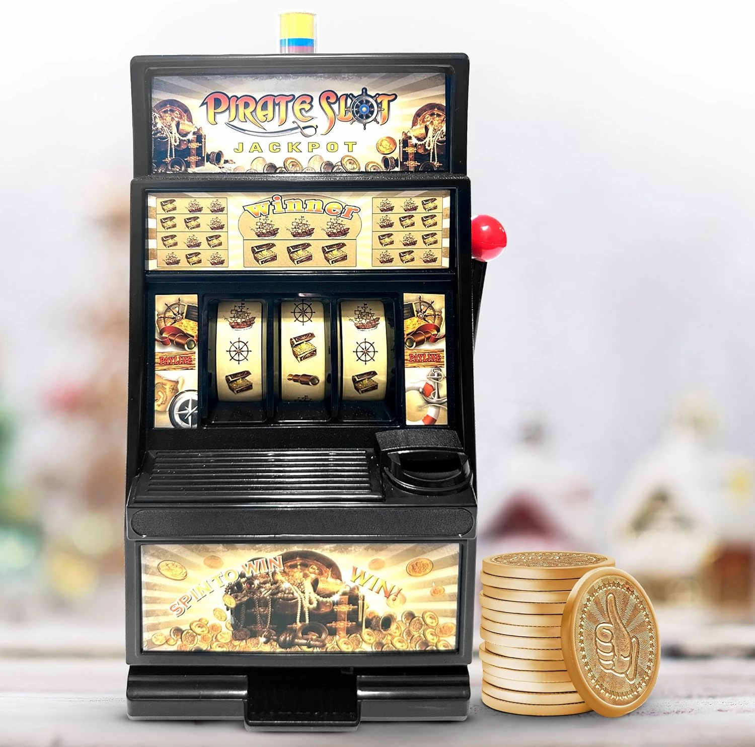 Pirate Jumbo Slot Machines for Adults with 50 Coins - Real Casino Toy Piggy Bank Replica with Flashing Lights and Jackpot Alert Sounds, Fun and Entertaining for Everyone Game At Home,Black