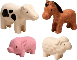 PlanToys Farm Animal Figurines Set - Four Cute Sustainably-Made Wood Pig, Sheep, Cow, and Horse Figures to Stimulate Interactive and Creative Play