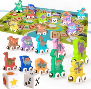 Play and Pack Dinosaur Wooden Train Set Learning Number, Shapes, Colors, Counting, Game Board Bag for Wooden Railway, Number Trains, Montessori Toys, Kids Age 3, 4, 5, 6