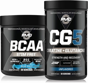 PMD Sports CG5 - Premium Creatine and L-Glutamine Powder (60 Servings) & PMD Sports BCAA Stim Free Amino Acids for Enhanced Recovery – Blue Razz (30 Servings)