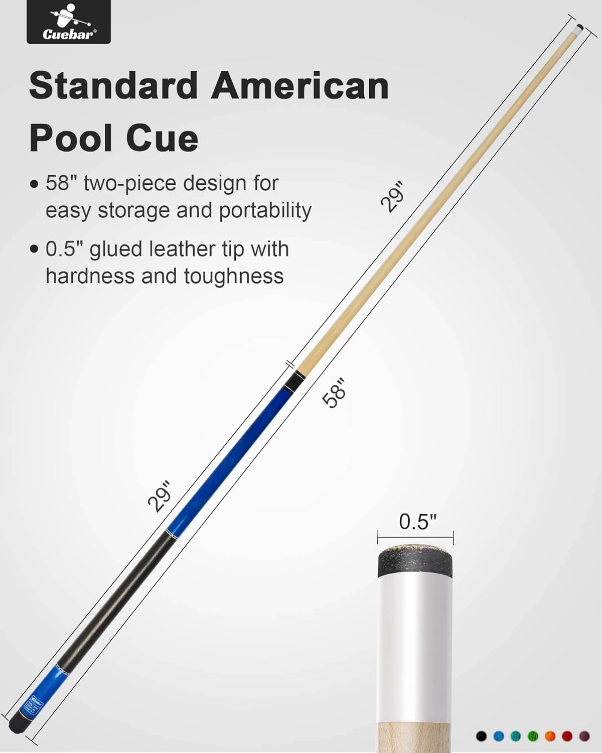 Pool Cues, 58 Inch Pool Sticks for Adults, 2-Piece House Bar Billiard Cue Stick, Imitation Leather Grip Pool Table Sticks (7 Colors Available,Weight from 18oz 19oz 20oz 21oz)