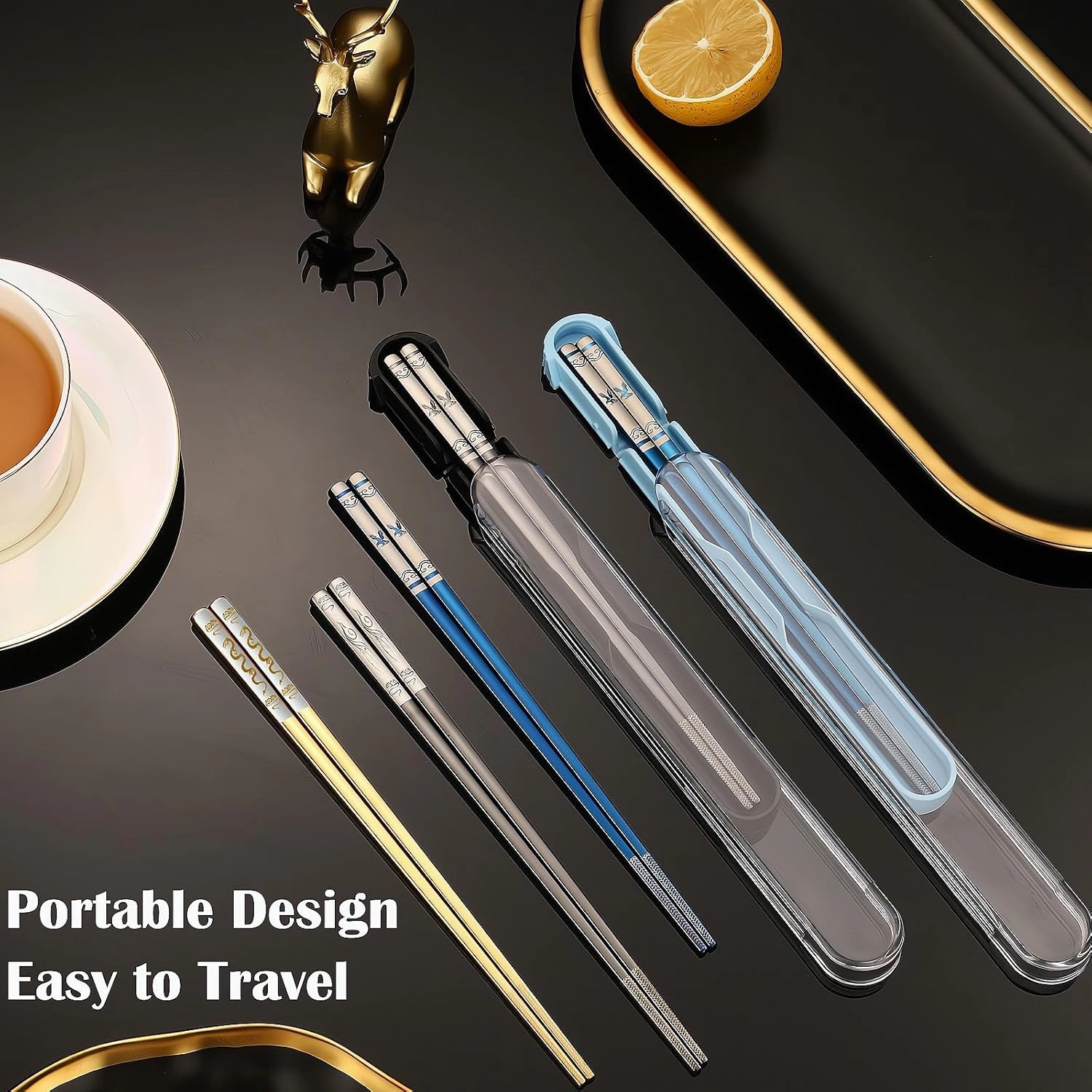 Portable Chopsticks with Pull Design Case, Reusable Metal Stainless Steel Chopstick with Titanium Plated for School, Home, Office, Outdoor, Bento Box Use, Dishwasher Safe (2PC Black Eagle)