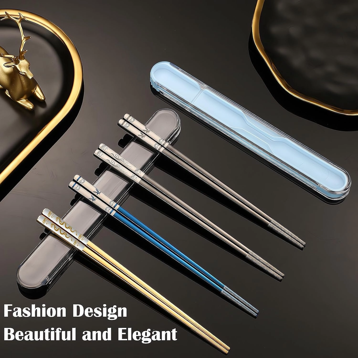 Portable Chopsticks with Pull Design Case, Reusable Metal Stainless Steel Chopstick with Titanium Plated for School, Home, Office, Outdoor, Bento Box Use, Dishwasher Safe (2PC Black Eagle)
