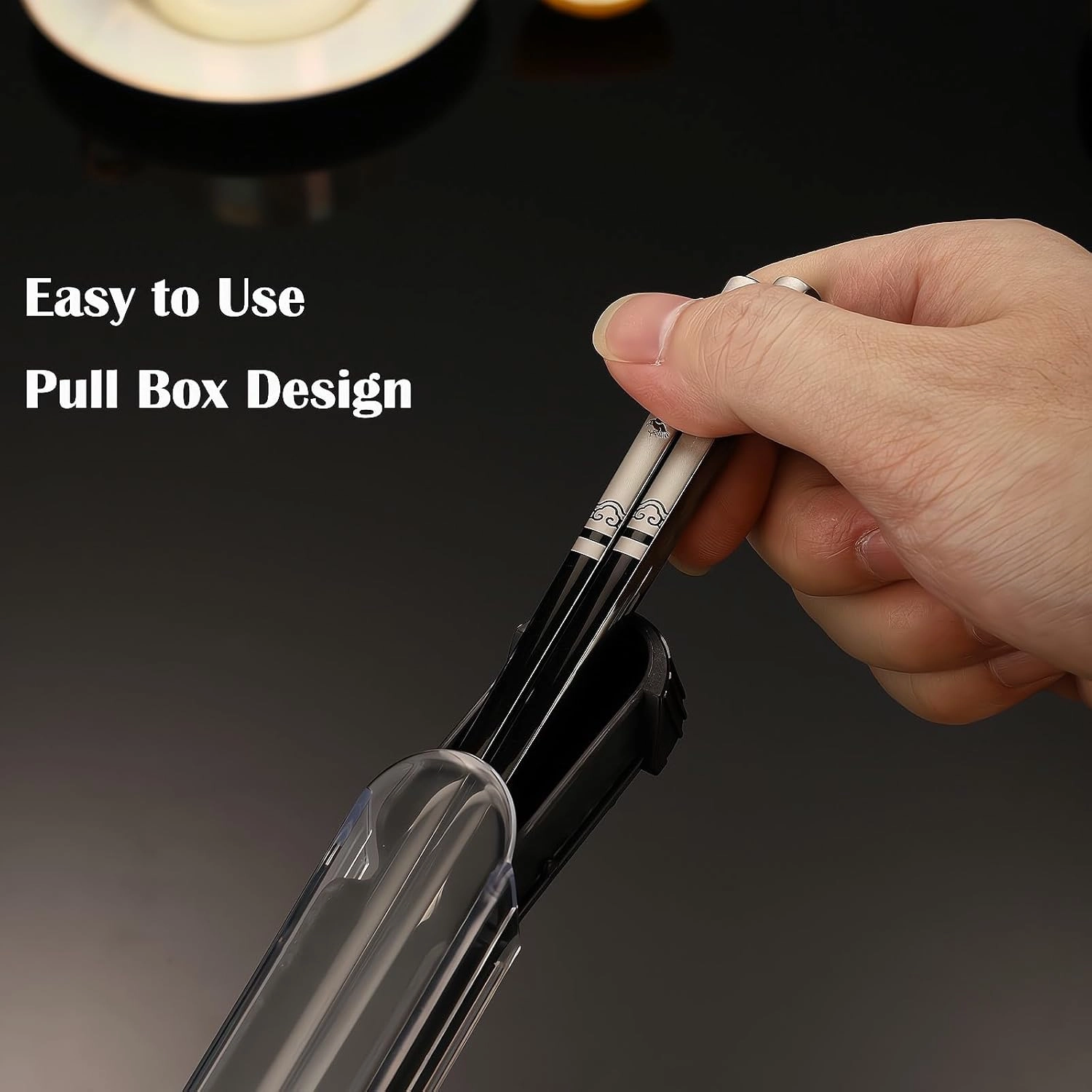 Portable Chopsticks with Pull Design Case, Reusable Metal Stainless Steel Chopstick with Titanium Plated for School, Home, Office, Outdoor, Bento Box Use, Dishwasher Safe (2PC Black Eagle)