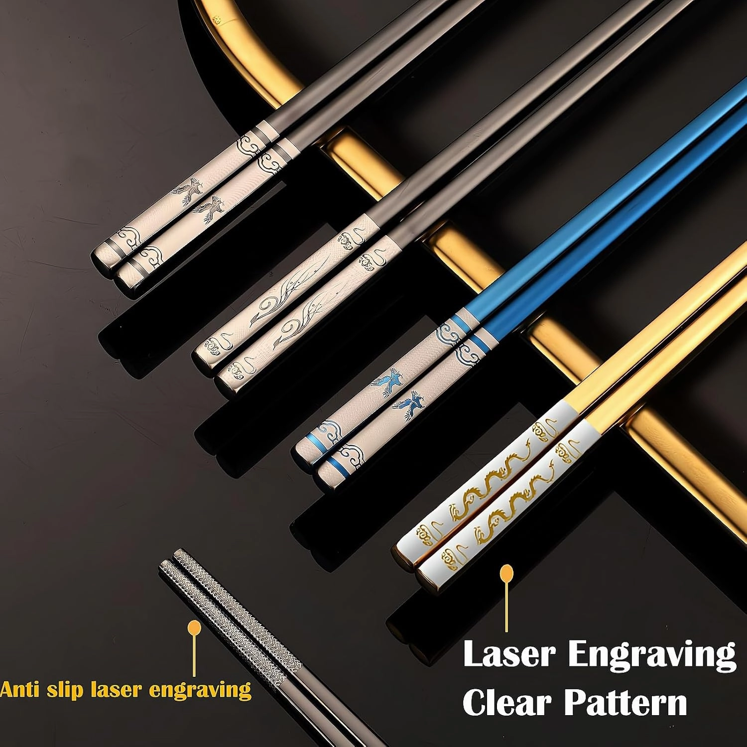 Portable Chopsticks with Pull Design Case, Reusable Metal Stainless Steel Chopstick with Titanium Plated for School, Home, Office, Outdoor, Bento Box Use, Dishwasher Safe (2PC Black Eagle)