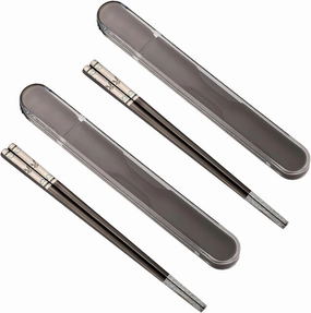Portable Chopsticks with Pull Design Case, Reusable Metal Stainless Steel Chopstick with Titanium Plated for School, Home, Office, Outdoor, Bento Box Use, Dishwasher Safe (2PC Black Eagle)