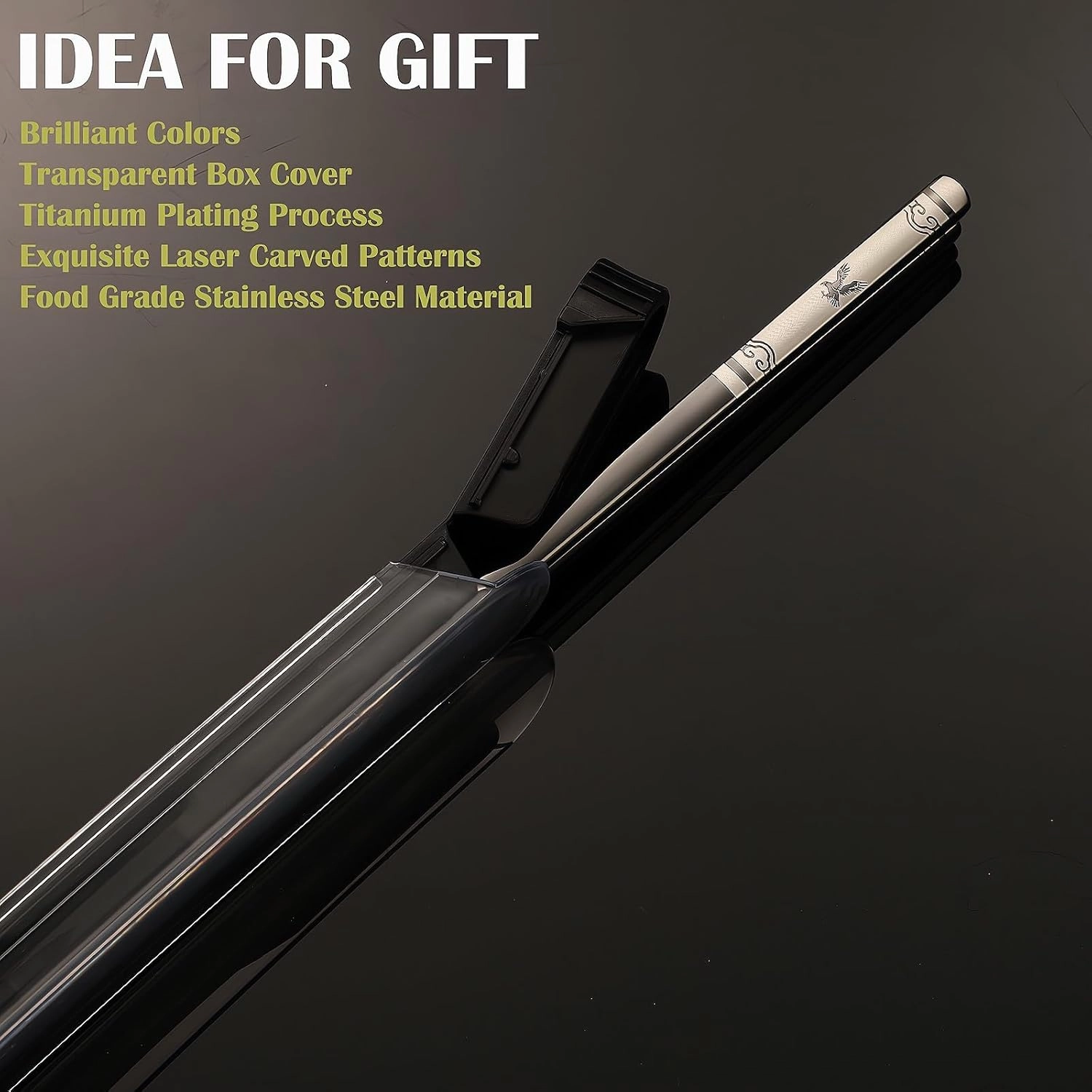 Portable Chopsticks with Pull Design Case, Reusable Metal Stainless Steel Chopstick with Titanium Plated for School, Home, Office, Outdoor, Bento Box Use, Dishwasher Safe (2PC Black Eagle)
