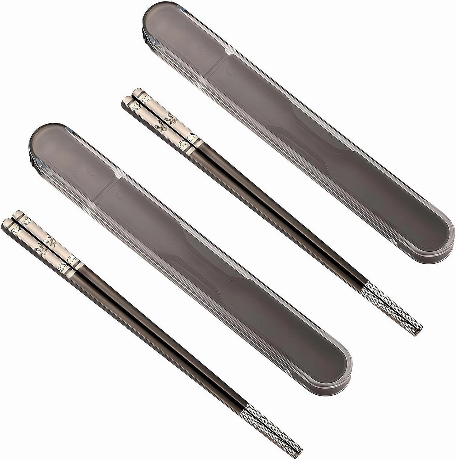 Portable Chopsticks with Pull Design Case, Reusable Metal Stainless Steel Chopstick with Titanium Plated for School, Home, Office, Outdoor, Bento Box Use, Dishwasher Safe (2PC Black Eagle)