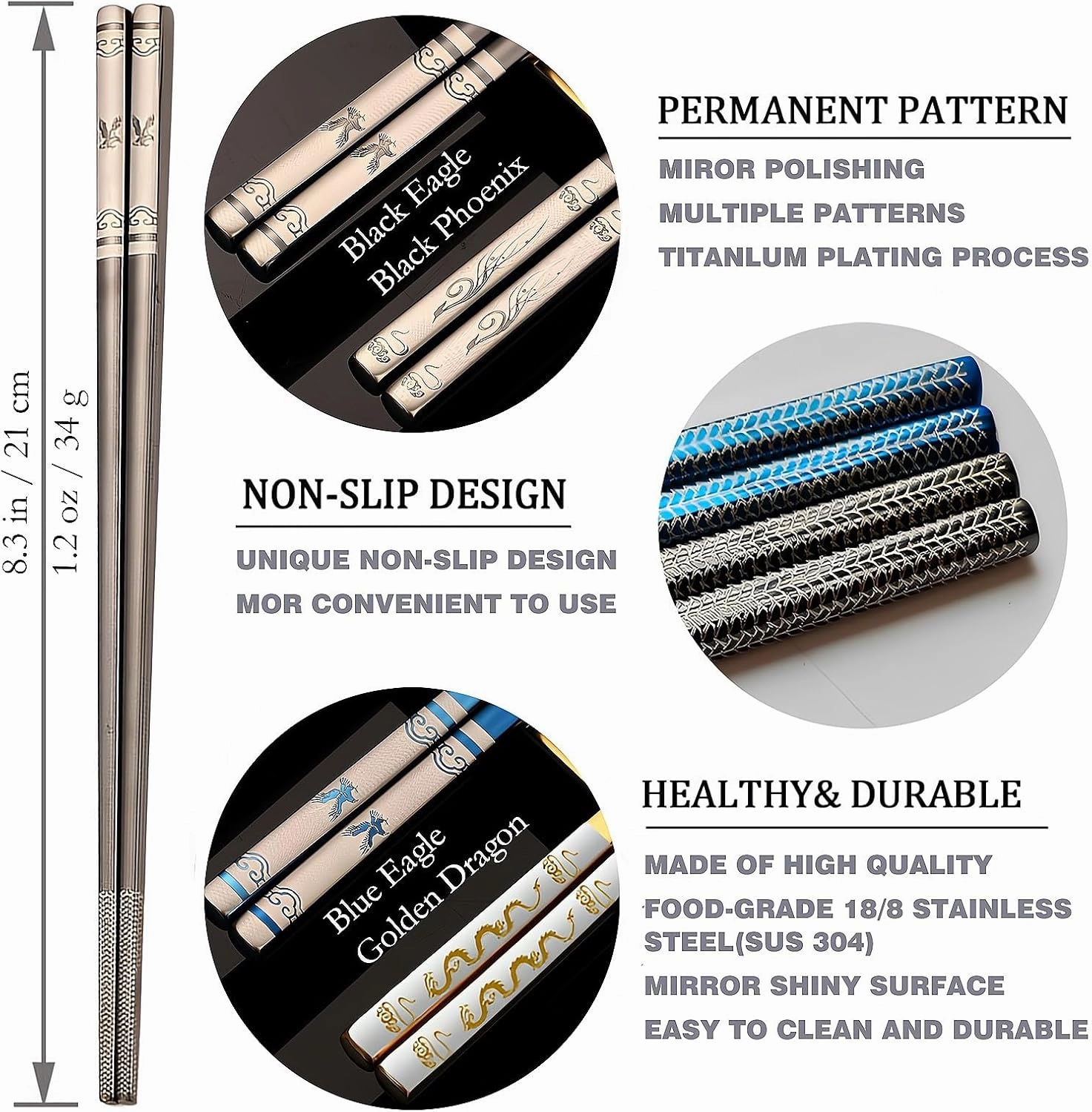 Portable Chopsticks with Pull Design Case, Reusable Metal Stainless Steel Chopstick with Titanium Plated for School, Home, Office, Outdoor, Bento Box Use, Dishwasher Safe (2PC Black Eagle)