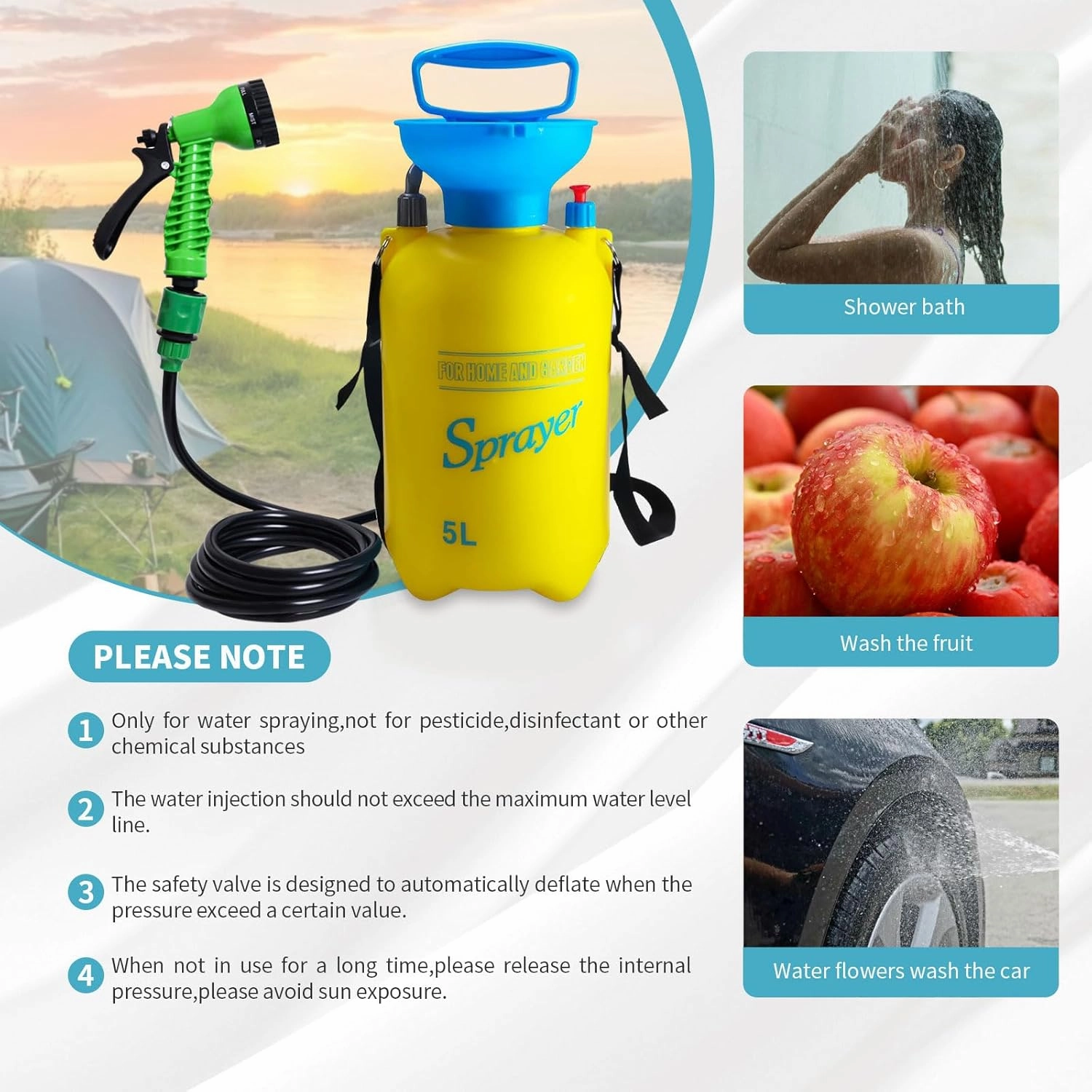 Portable Shower Blue with 7 Spray Modes, Hand Press with Removable Hose and Shower Head