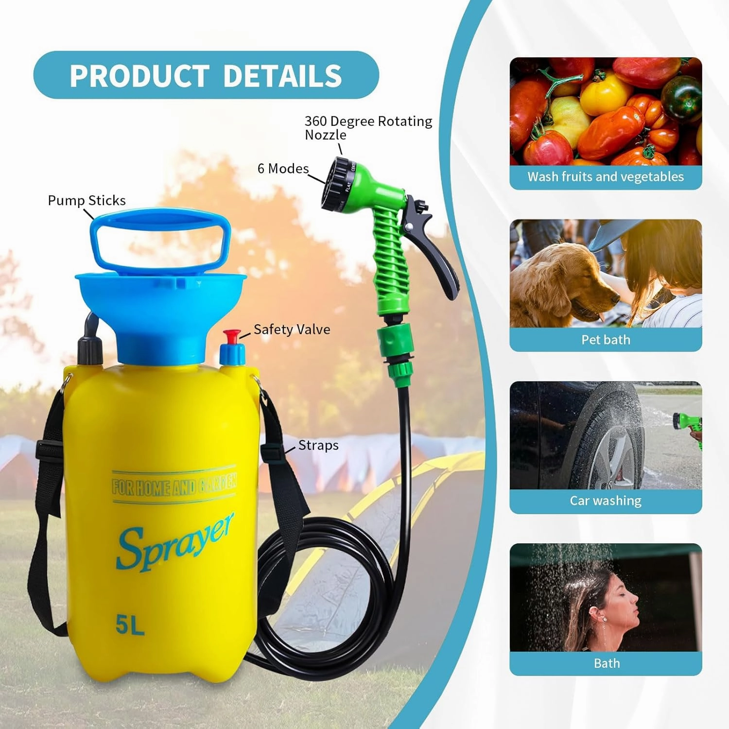 Portable Shower Blue with 7 Spray Modes, Hand Press with Removable Hose and Shower Head