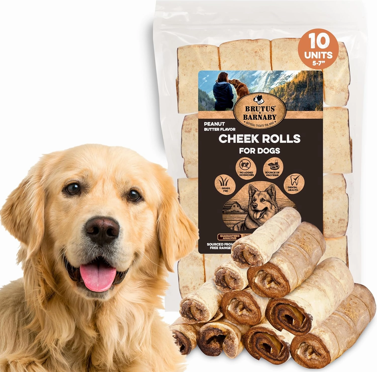 Premium Beef Cheek Rolls for Dogs 5-7" - (10-Pack), Peanut Butter Flavored Long Lasting, Safe & Natural Rawhide Alternative Chews, Ideal for Large Dogs & Aggressive Chewers, Supports Dental Health