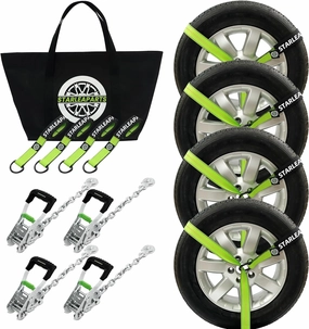 Premium Wheel Straps (4PK) - 10,000lb Guaranteed Max Break Strength - 2" Ratchet with G70 Chain Anchor Hook and 2" X8ft Lasso Strap, Perfect Car Tie Down Straps for Truck, Cars, UTV(Green)