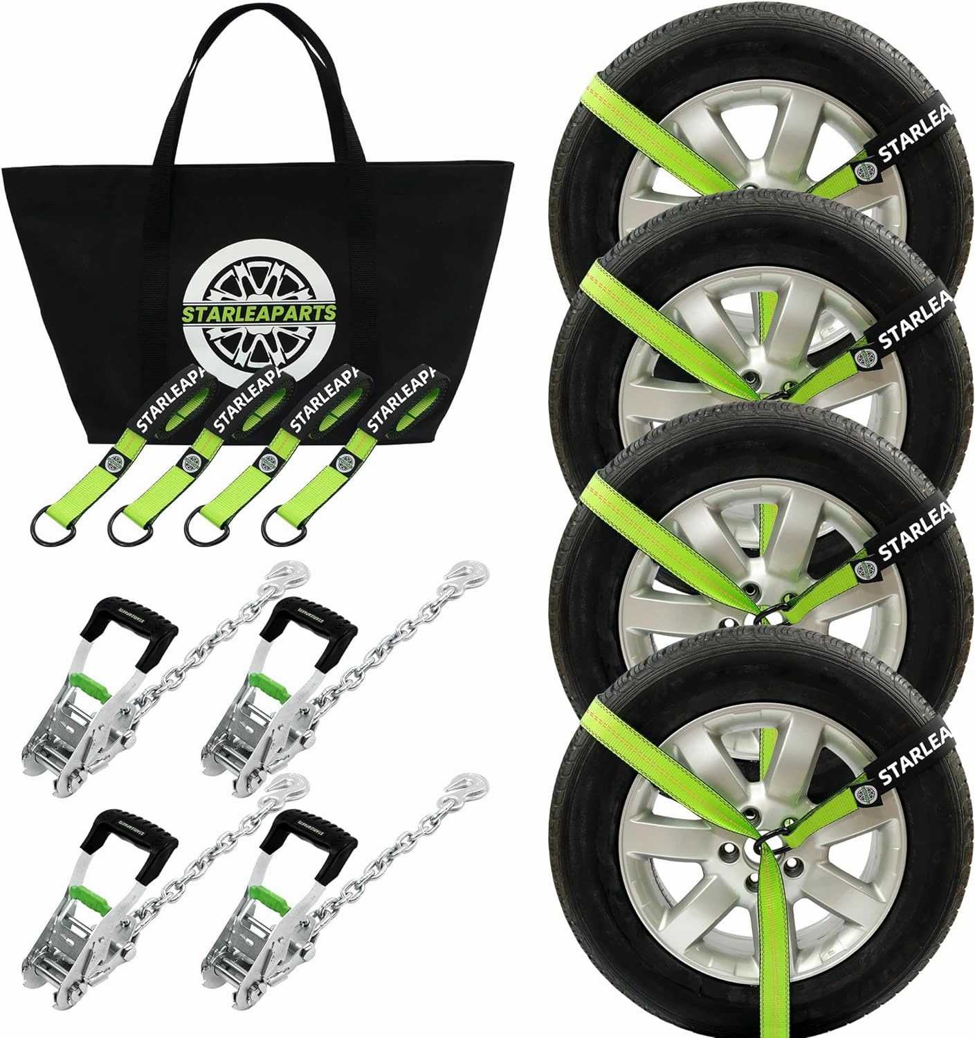 Premium Wheel Straps (4PK) - 10,000lb Guaranteed Max Break Strength - 2" Ratchet with G70 Chain Anchor Hook and 2" X8ft Lasso Strap, Perfect Car Tie Down Straps for Truck, Cars, UTV(Green)