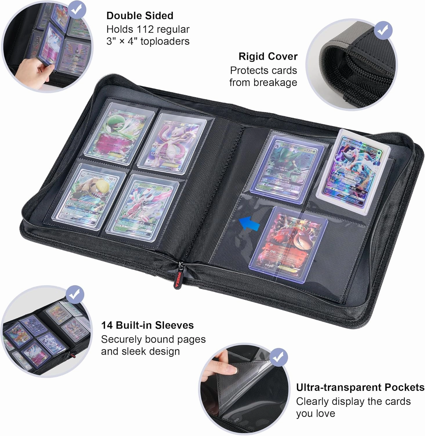 PREZA Toploader Binder - Holds 112 Top Loaders - 4 Pocket Trading Card Storage with Double Sided Sleeves for TGC and Sports 3" x 4" Trading Cards (Black - Small)