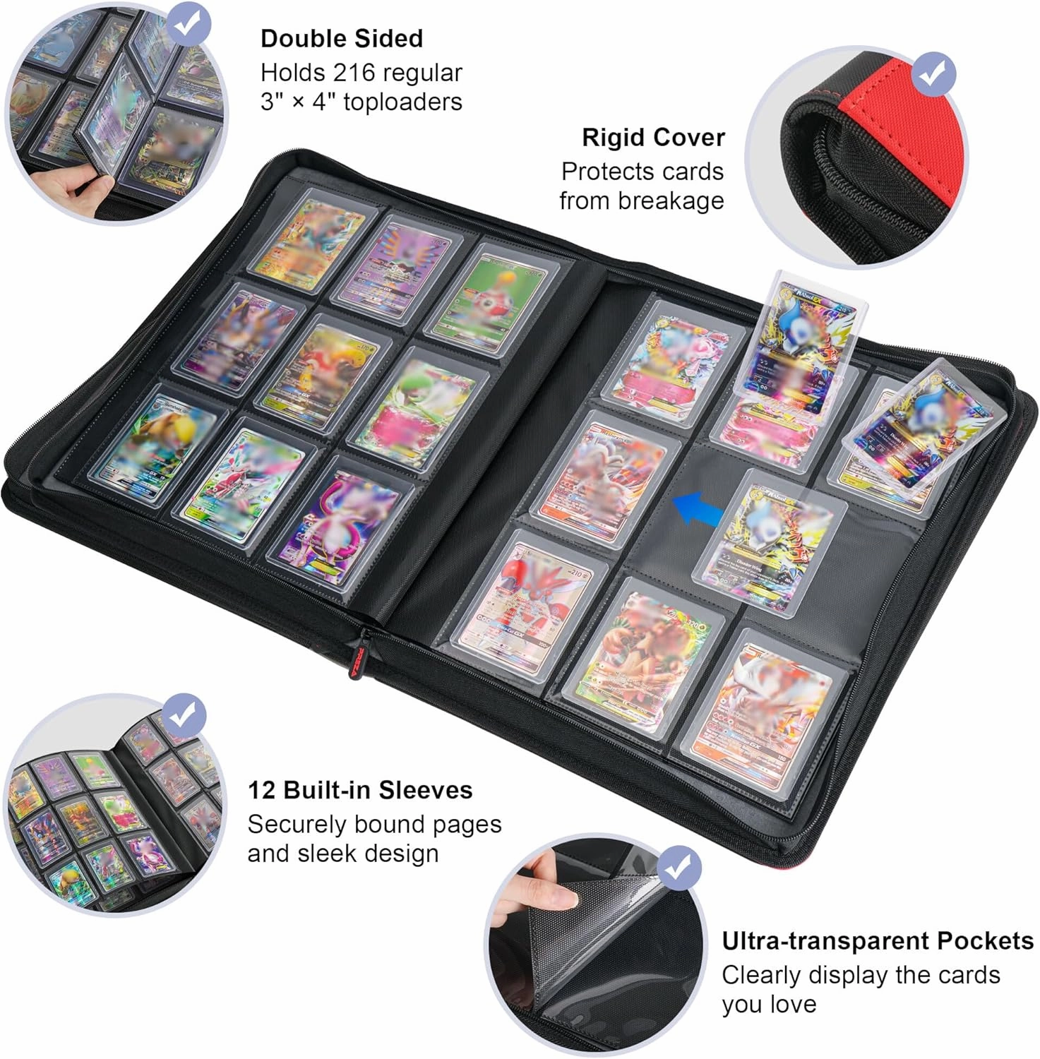 PREZA Toploader Binder - Holds 216 Top Loaders - 9 Pocket Trading Card Storage- Trading Card Binder for Storage (Red)