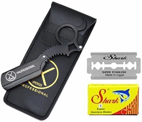 Pro Finger Insert Handle Barber Straight Edge Shaving Razor Black (Dragon) with Shark Double Edge Razor Blades
