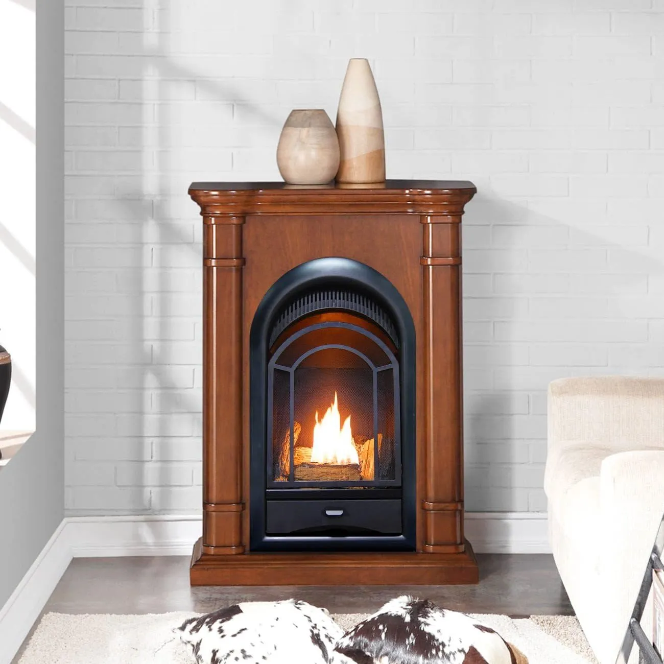 ProCom Dual Fuel Ventless Gas Fireplace System with Mantle, Thermostat Control, 4 Fire Logs, Use with Natural Gas or Liquid Propane, 10000 BTU, Heats up to 500 Sq. Ft., Apple Spice