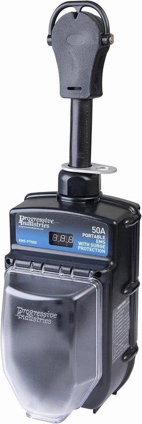 Progressive Industries Portable RV Surge Protector, 50 Amp EMS with Integrated Display, Fault Detection, and All Weather Shield Assembly - EMS-PT50X