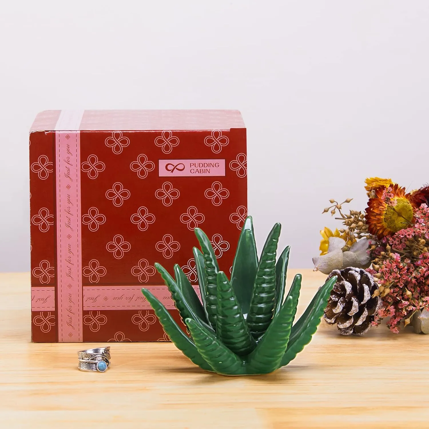 PUDDING CABIN Succulent Ring Holder, Ring Stand, Ring Display & Organizer, Green Cactus Aesthetic Preppy Room Decor, Birthday Gift for Women Friends Engagement Bridesmaid Christmas Gifts