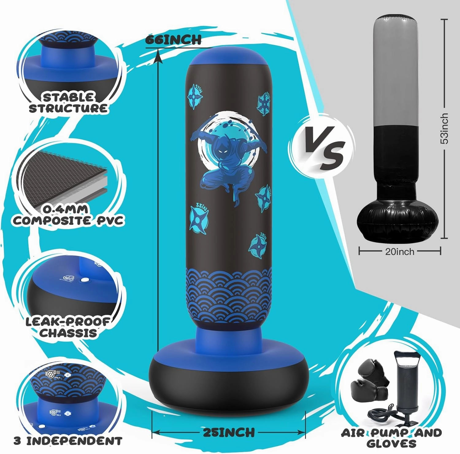 Punching Bag for Kids, Tall Larger 66’’ Inflatable Punching Bag Boxing Bag for Kids Teens, Punching Bag Set Toy with Gloves and Pump for Practicing Karate, Taekwondo