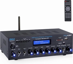 Pyle Wireless BT Stereo Amplifier - Multi Channel, 200 Watt Power, Home Audio Receiver System with FM Radio, BT, USB SD, AUX, RCA, Mic-in, BT and FM Antenna - PDA63BT
