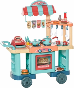 Qaba Kids Play Kitchen Set, Pretend Food Truck Dining Car, with Food, Cashier Register, Accessories Ages 3-6