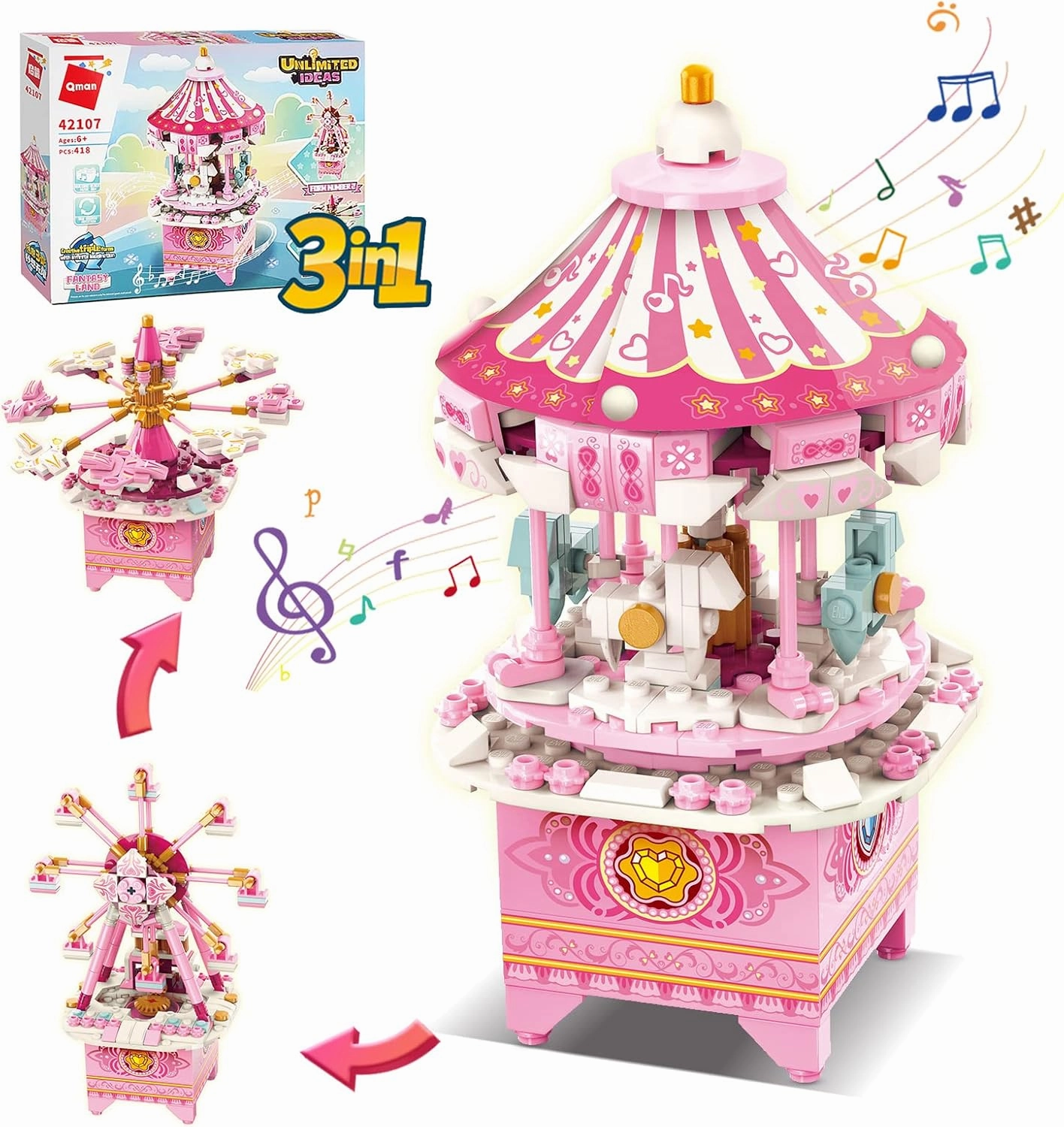 QMAN Music Box Building Toys for Girls and Boys 6 7 8 9 10 11 12  Years Old 3in1 Building Blocks STEM Building Kit Ideal Gifts Toy for Kids Ages 8-12 Rotate with Music