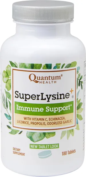 Quantum Health Super Lysine  / Advanced Formula Lysine  Immune Support with Vitamin C, Echinacea, Licorice, Propolis, Odorless Garlic (180 Tablets), Packaging may vary